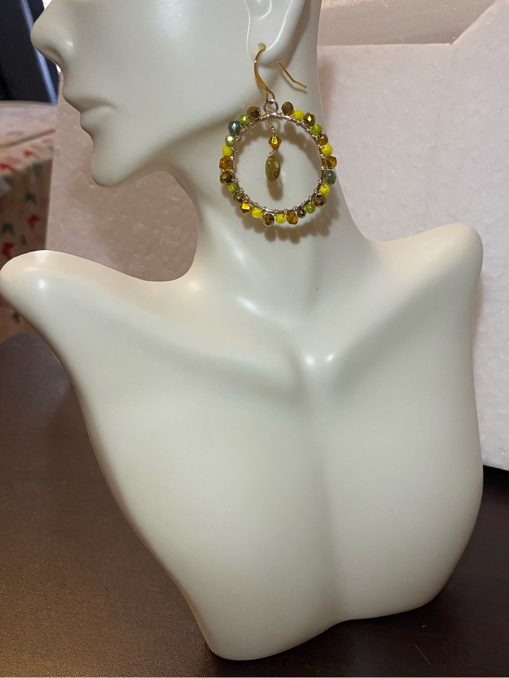 Vibrant Gold and Green wired wrapped Hoops Earrings